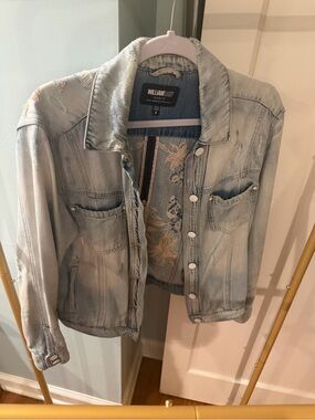 William Rast Faded Blue Embroidered Denim Jacket with Cream Floral Details